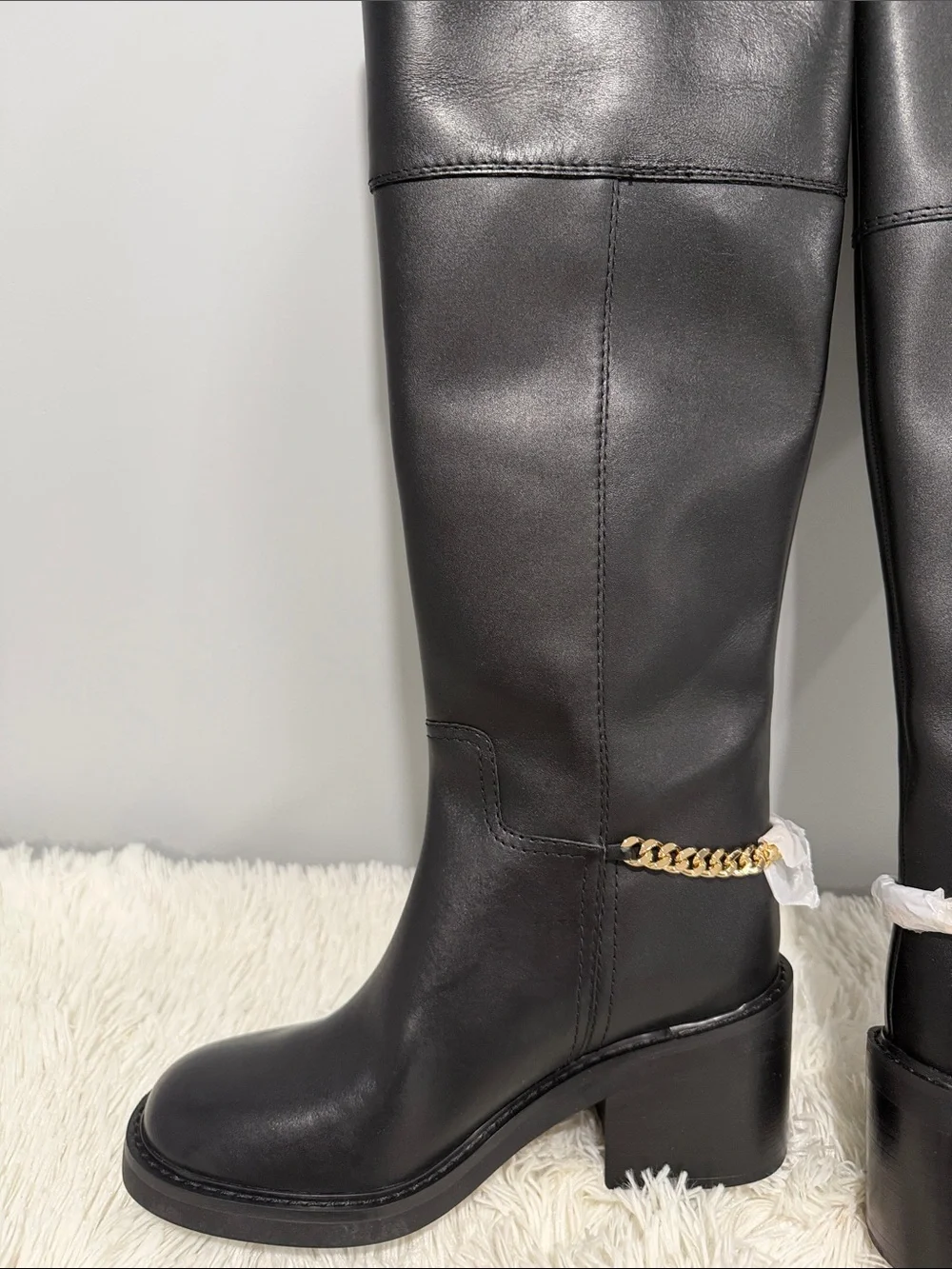 MICHAEL Michael Kors Black Leather Over-the-Knee Boots with Gold Chain Accent
